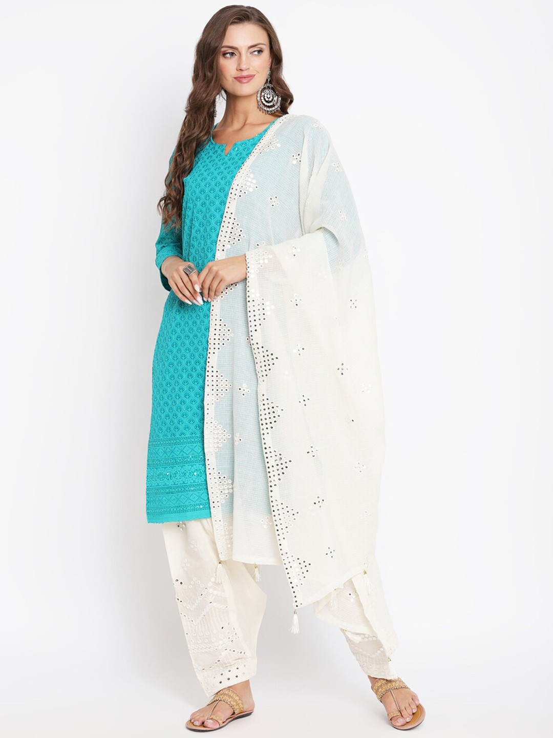 

KALINI Women Notch Neck Mirror Work Embroidered Pure Cotton Kurta & Salwar With Dupatta, Blue