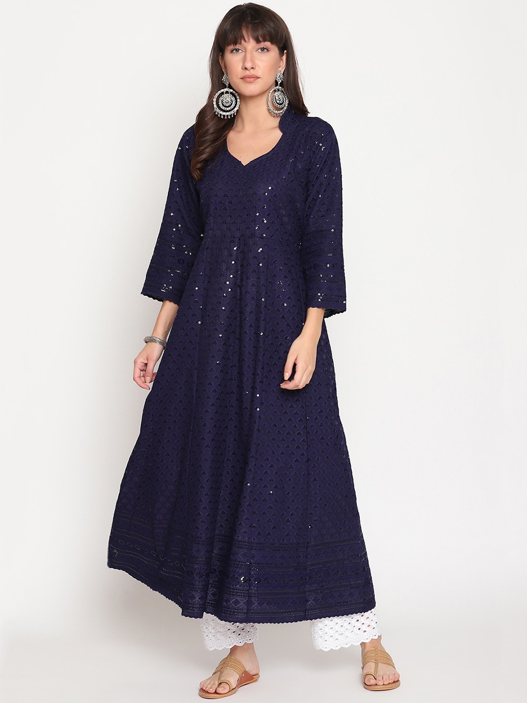 

KALINI Chikankari Embroidered Pure Cotton Anarkali Kurta, Navy blue