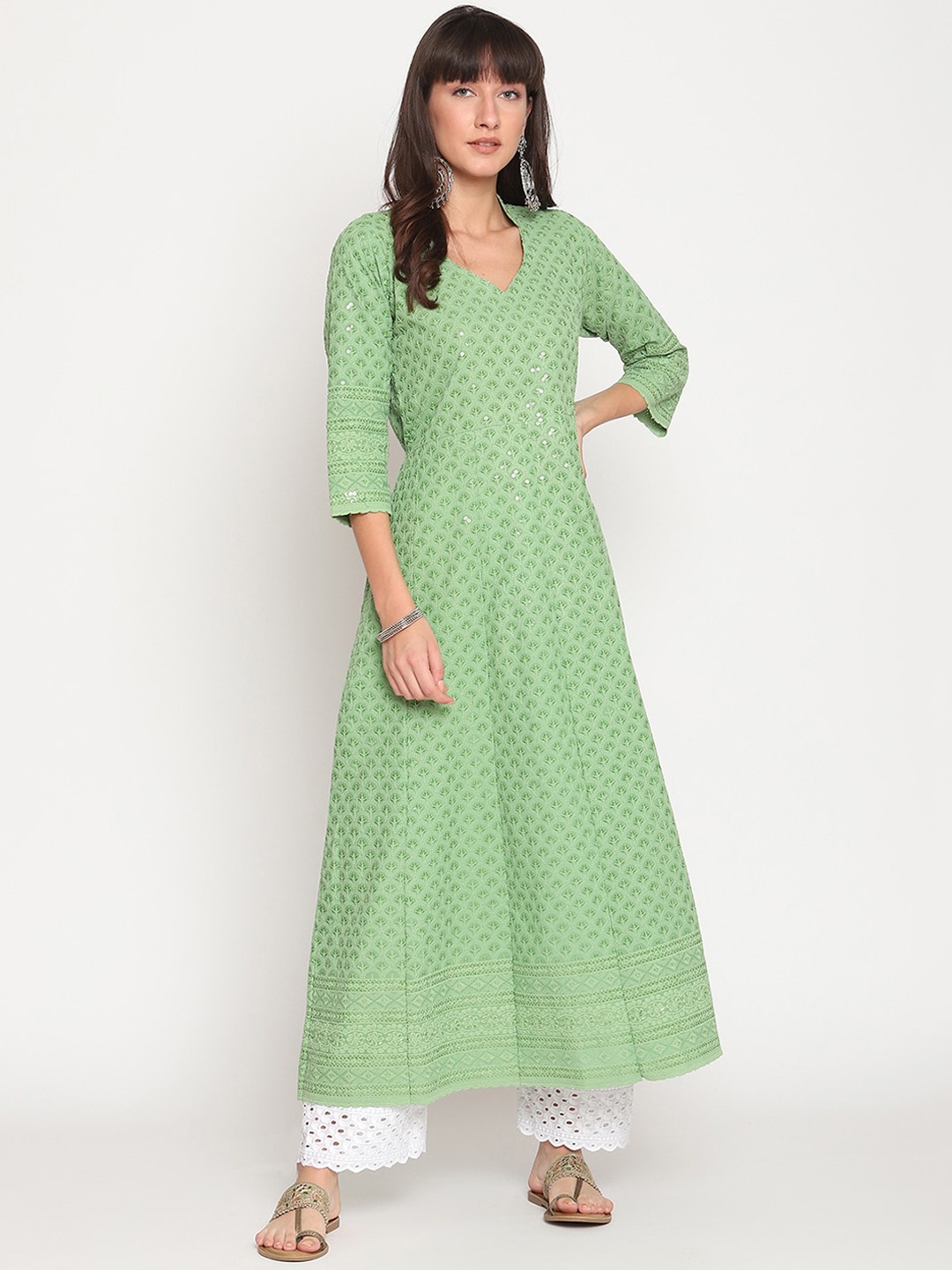 

KALINI Chikankari Embroidered Pure Cotton Anarkali Kurta, Green