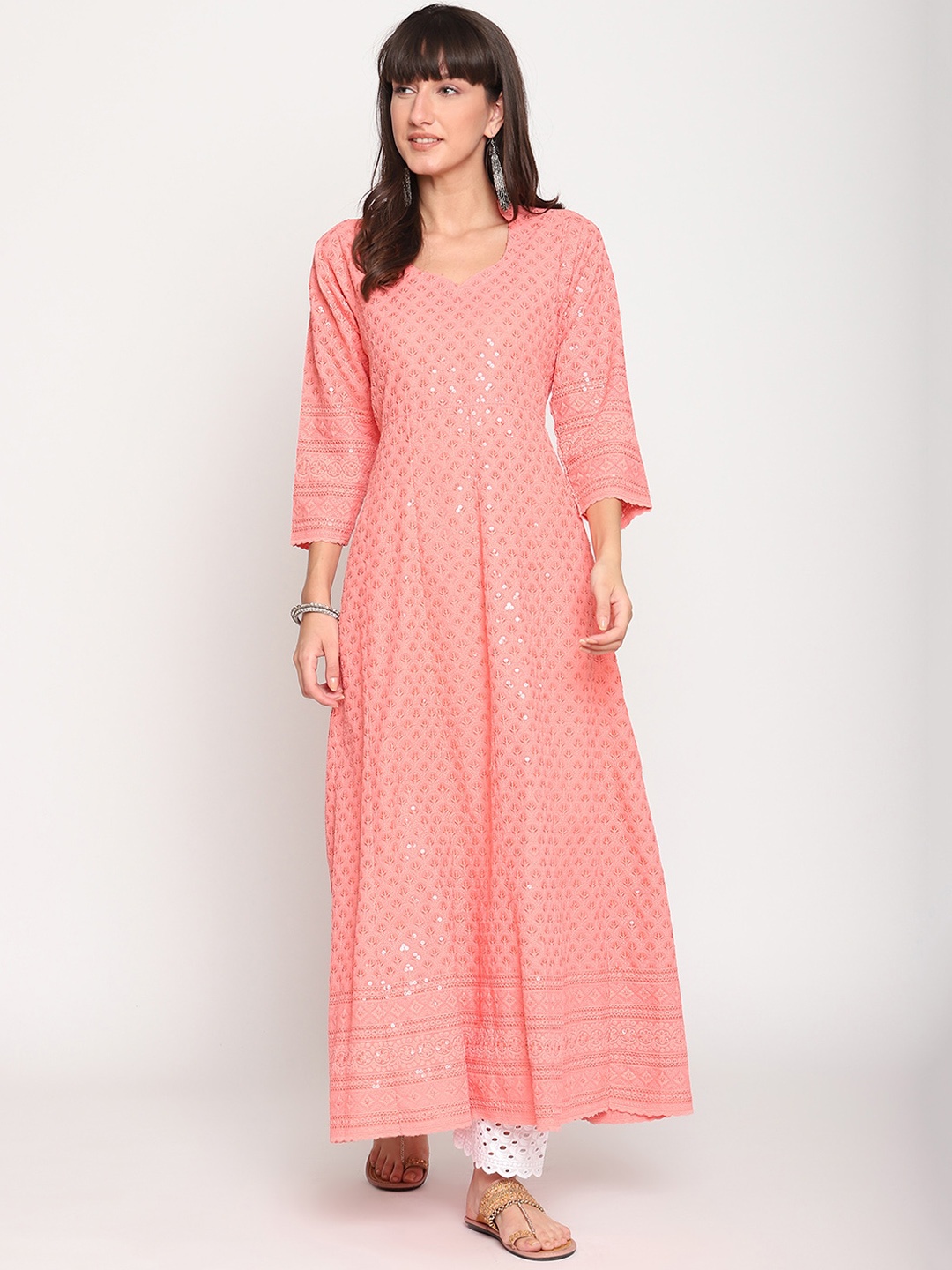 

KALINI Chikankari Embroidered Pure Cotton Anarkali Kurta, Peach