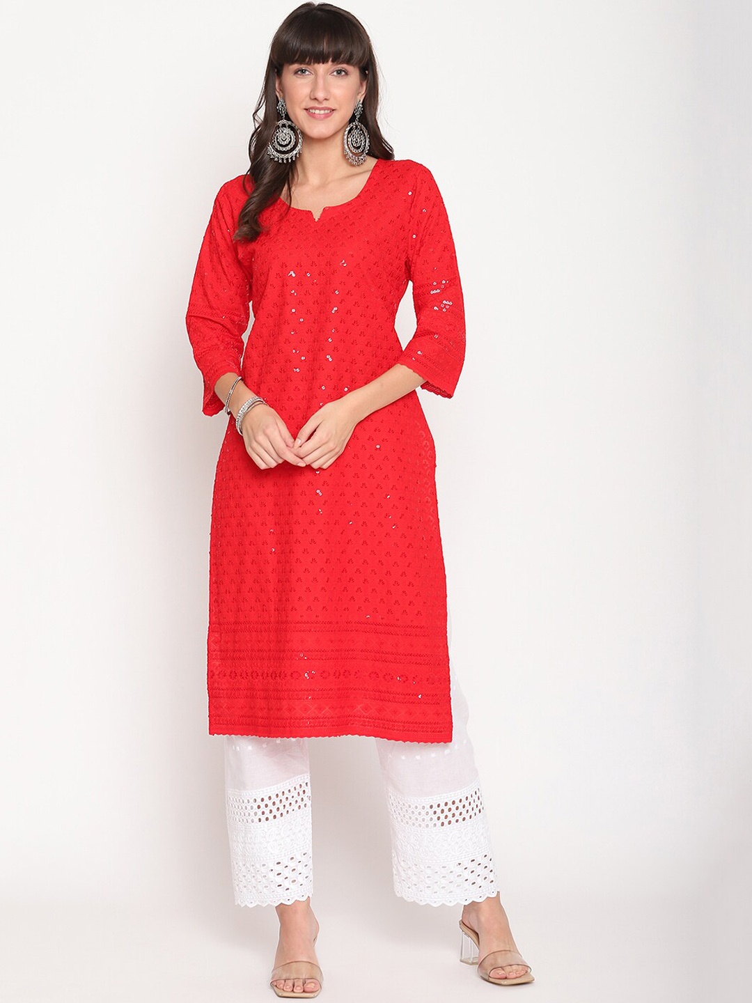 

KALINI Women Floral Embroidered Sequinned Cotton Kurta, Red