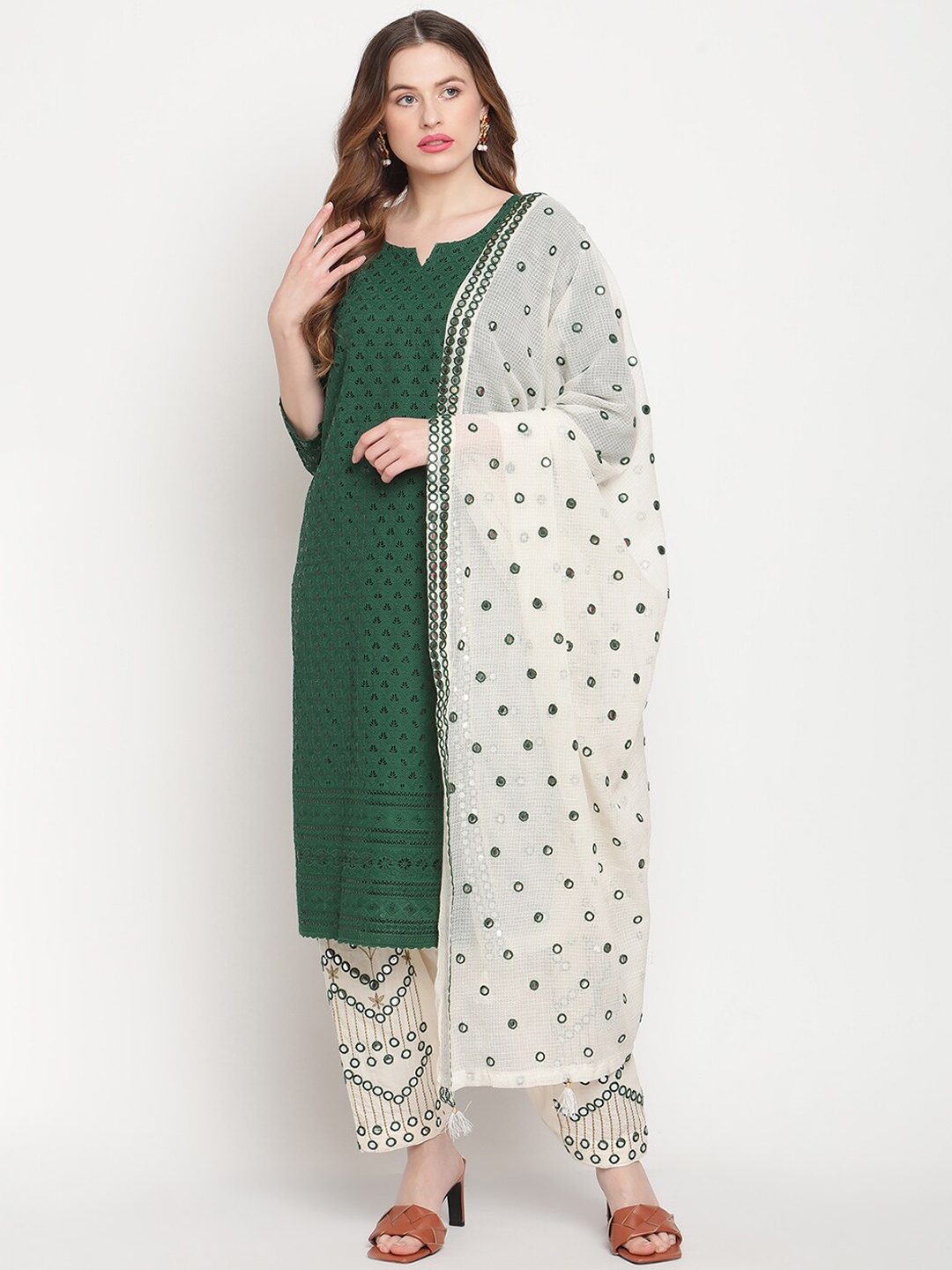 

KALINI Women Embroidered Sequined Pure Cotton Kurta with Salwar & Dupatta, Green