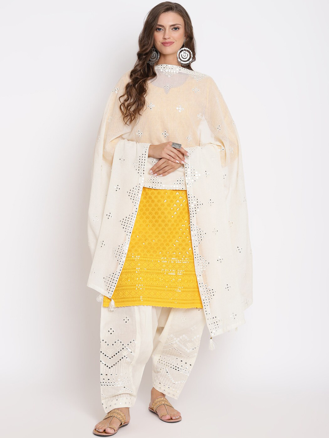 

KALINI Women Embroidered Notch Neck Sequinned Pure Cotton Kurta with Salwar & Dupatta, Yellow