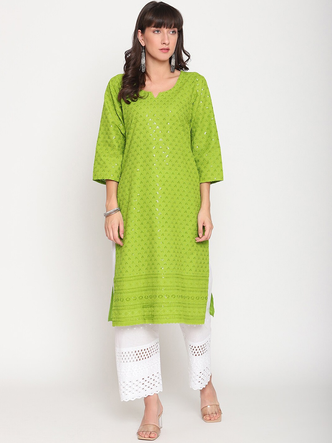 

KALINI Women Embellished Notch Neck Cotton Kurta, Green