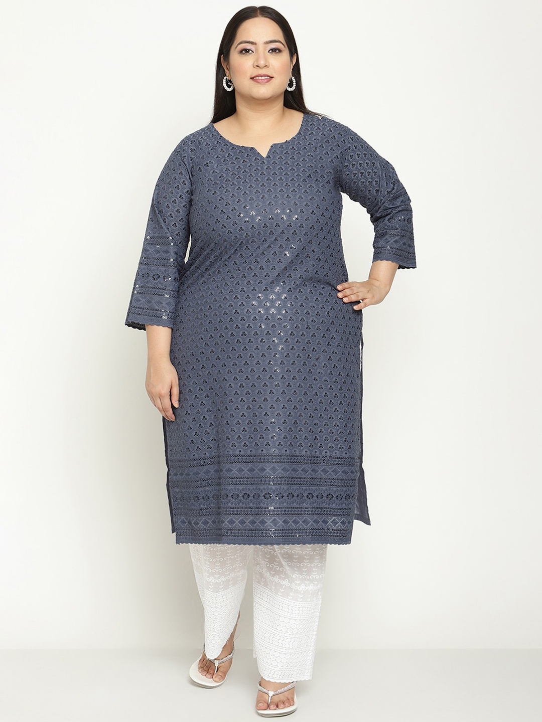 

KALINI Women Plus Size Notch Neck Emblellished Chikankari Pure Cotton Kurta, Grey