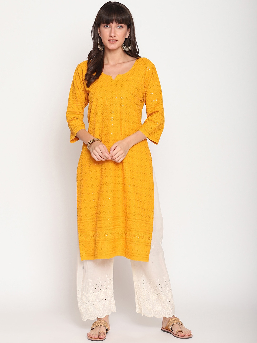 

KALINI Women Notch Neck Emblellished Chikankari Pure Cotton Kurta, Yellow