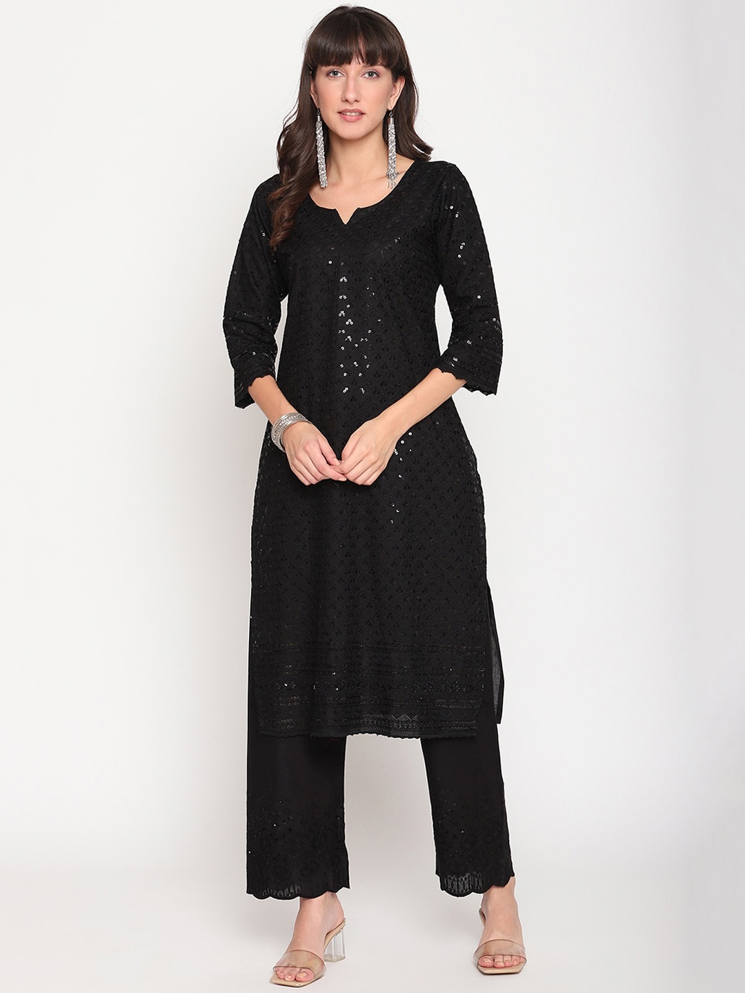 

KALINI Women Notch Neck Emblellished Chikankari Pure Cotton Kurta, Black