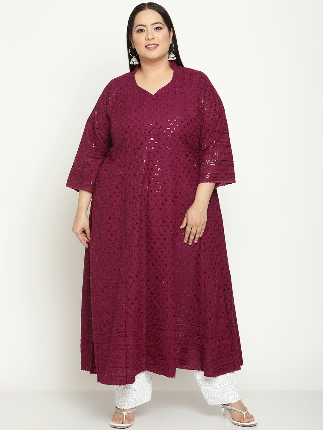 

KALINI Women Plus Size Emblellished Chikankari Pure Cotton Anarkali Kurta, Magenta