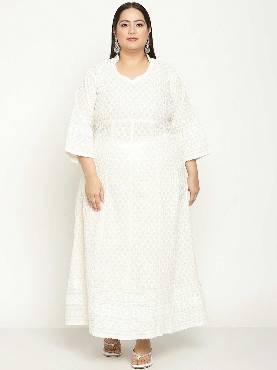 

KALINI Women Plus Size Ethnic Motifs Embroidered Flared Sleeves Chikankari Cotton Kurta, Cream