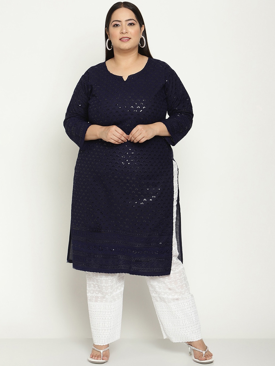 

KALINI Women Plus Size Embellished Sequined Cotton Kurta, Navy blue