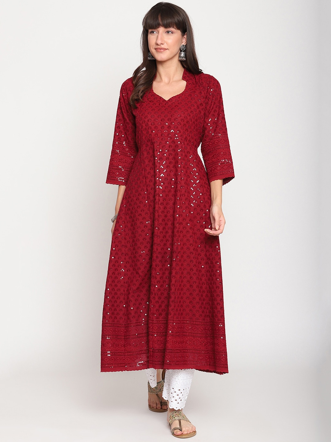 

KALINI Women Embellished Sequined Cotton Anarkali Kurta, Maroon