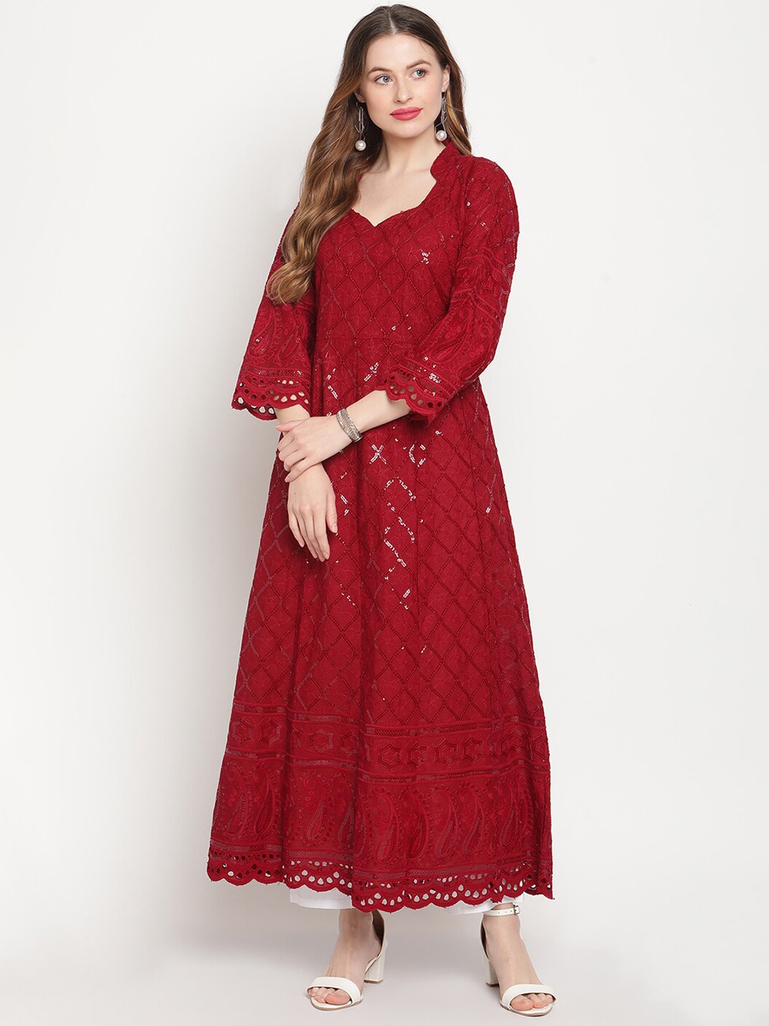 

KALINI Women Embellished Sequined Flared Sleeves Cotton Anarkali Kurta, Maroon