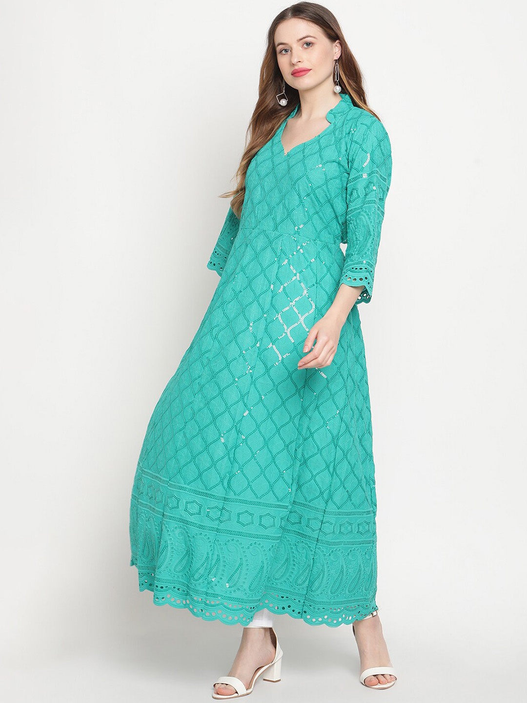 

KALINI Ethnic Motifs Embroidered Chikankari Cotton Anarkali Kurta, Sea green