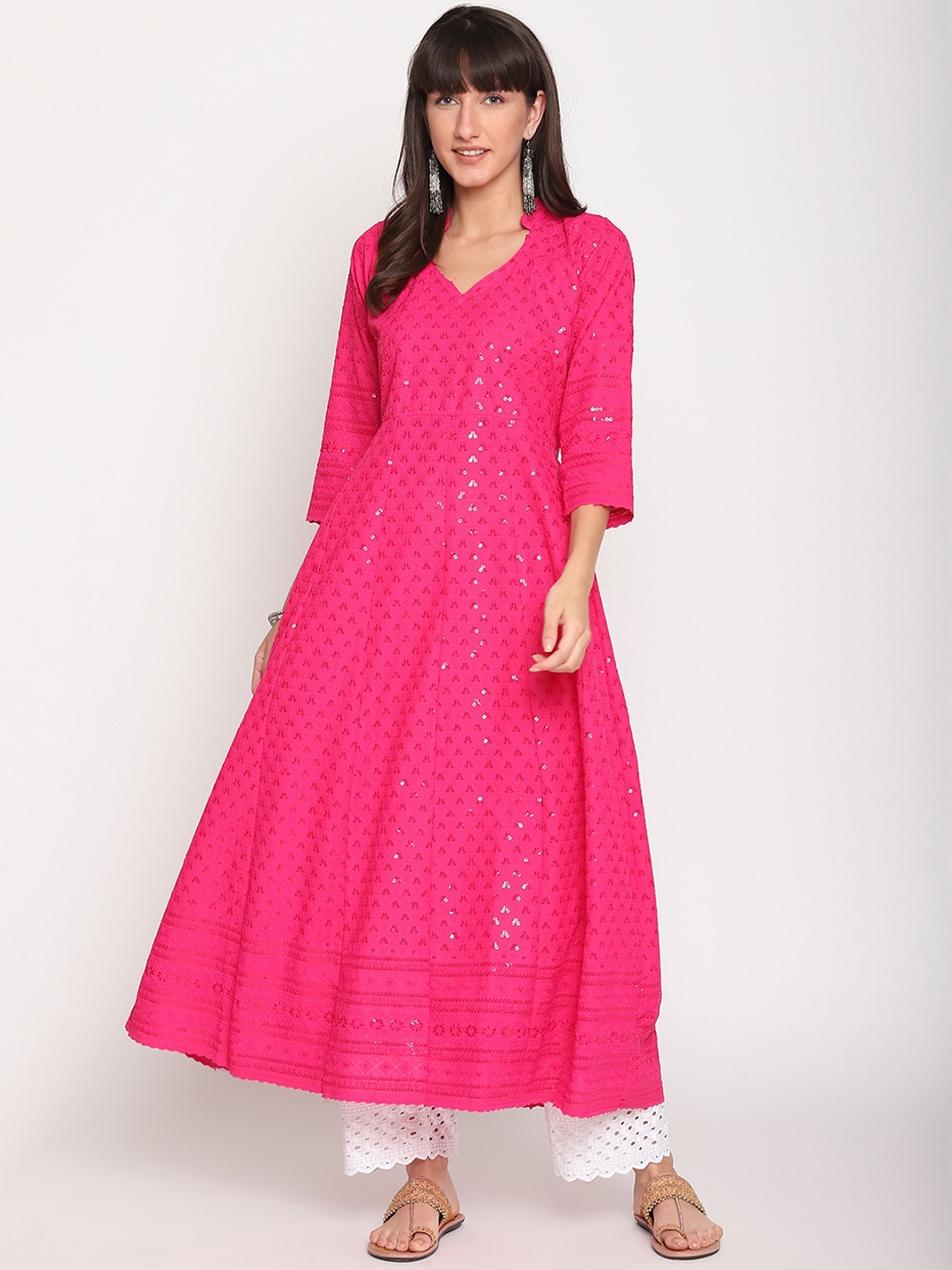 

KALINI Ethnic Motifs Embroidered Chikankari Cotton Anarkali Kurta, Pink