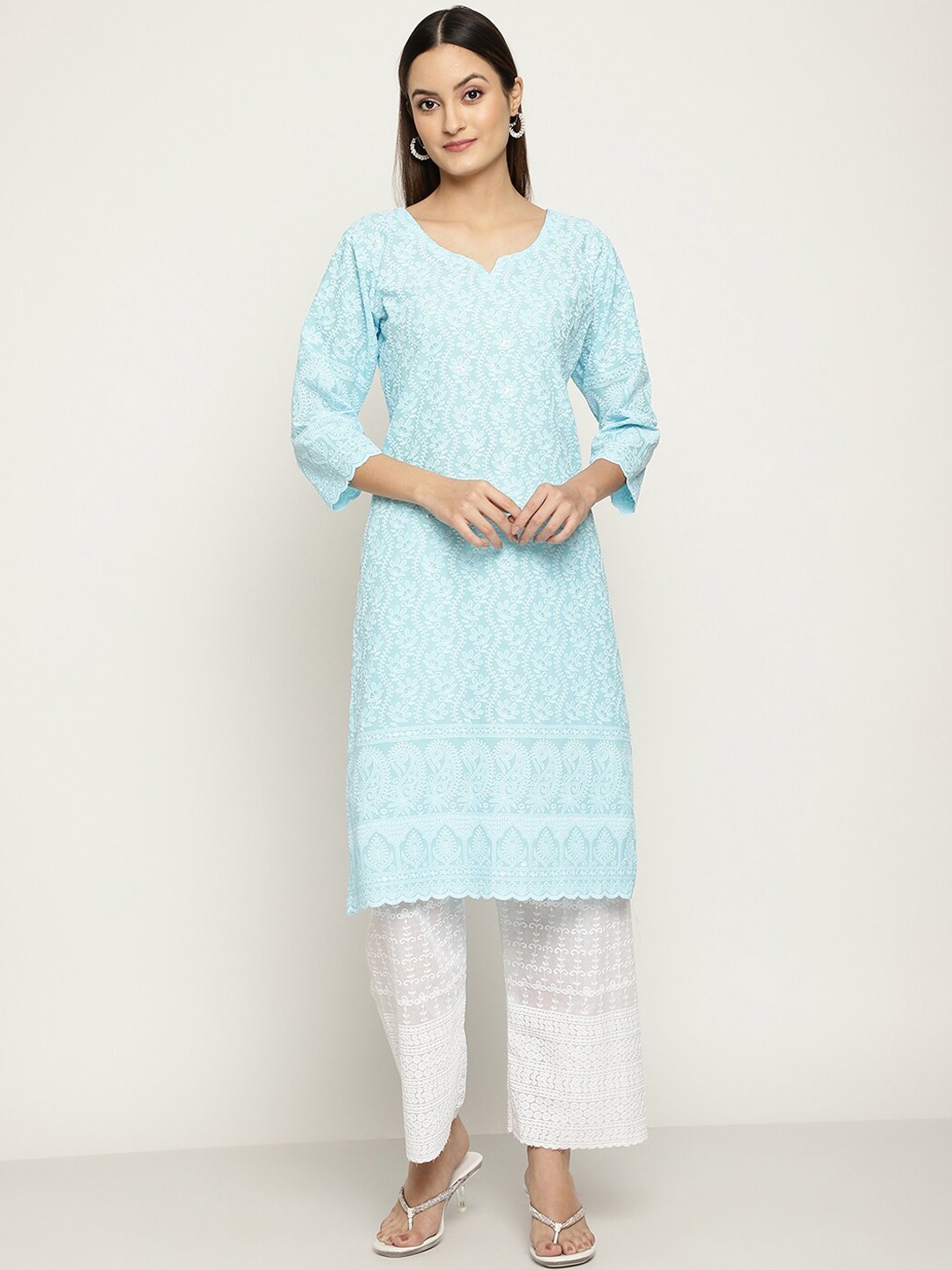 

KALINI Women Ethnic Motifs Embroidered Chikankari Cotton Kurta, Turquoise blue