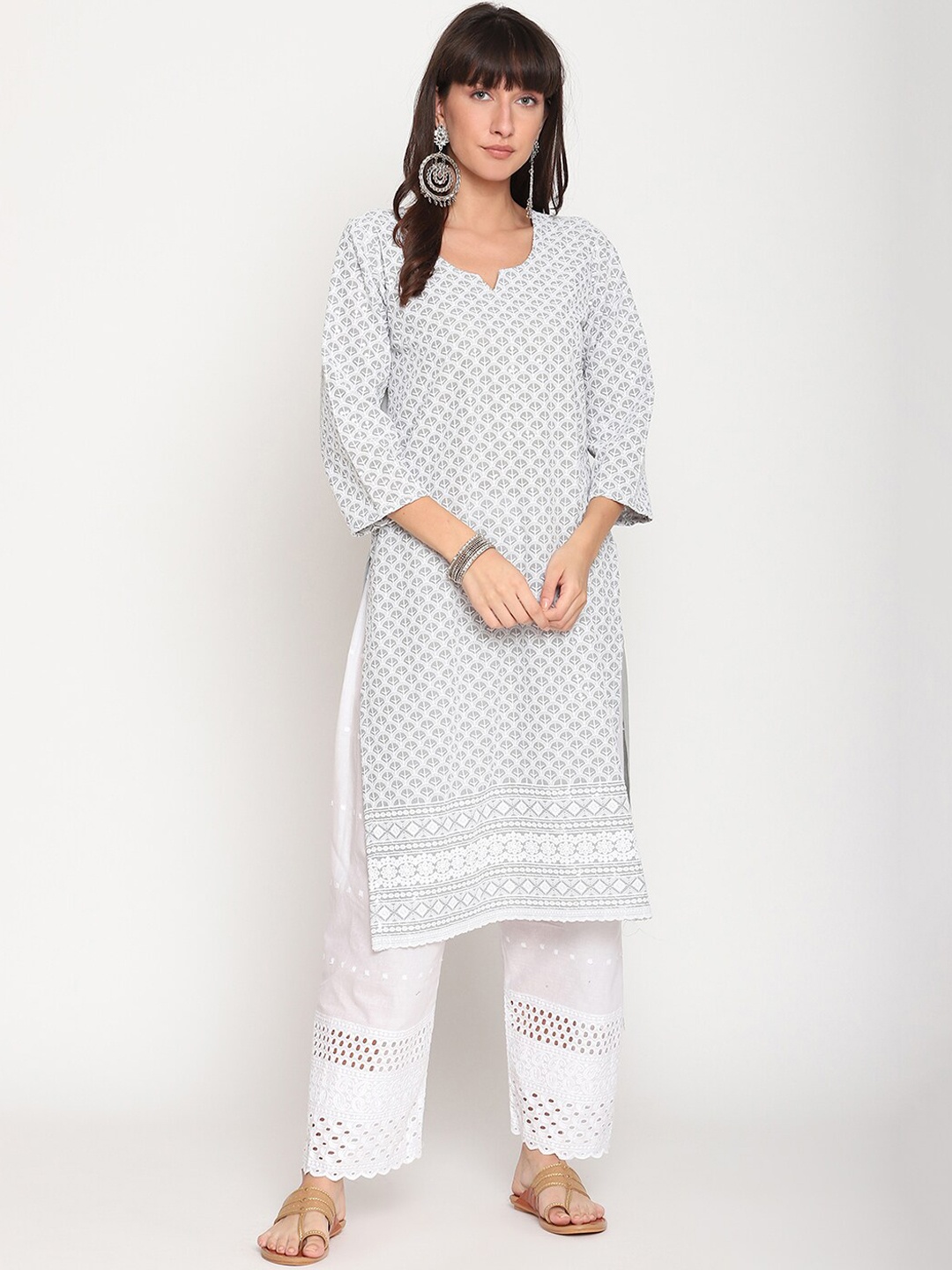 

KALINI Women Ethnic Motifs Embroidered Chikankari Cotton Kurta, Grey
