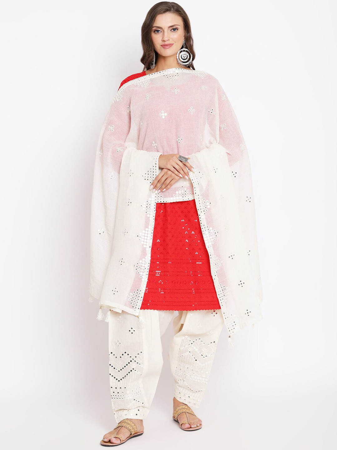 

KALINI Embroidered Sequinned Pure Cotton Kurta & Salwar With Dupatta, Red