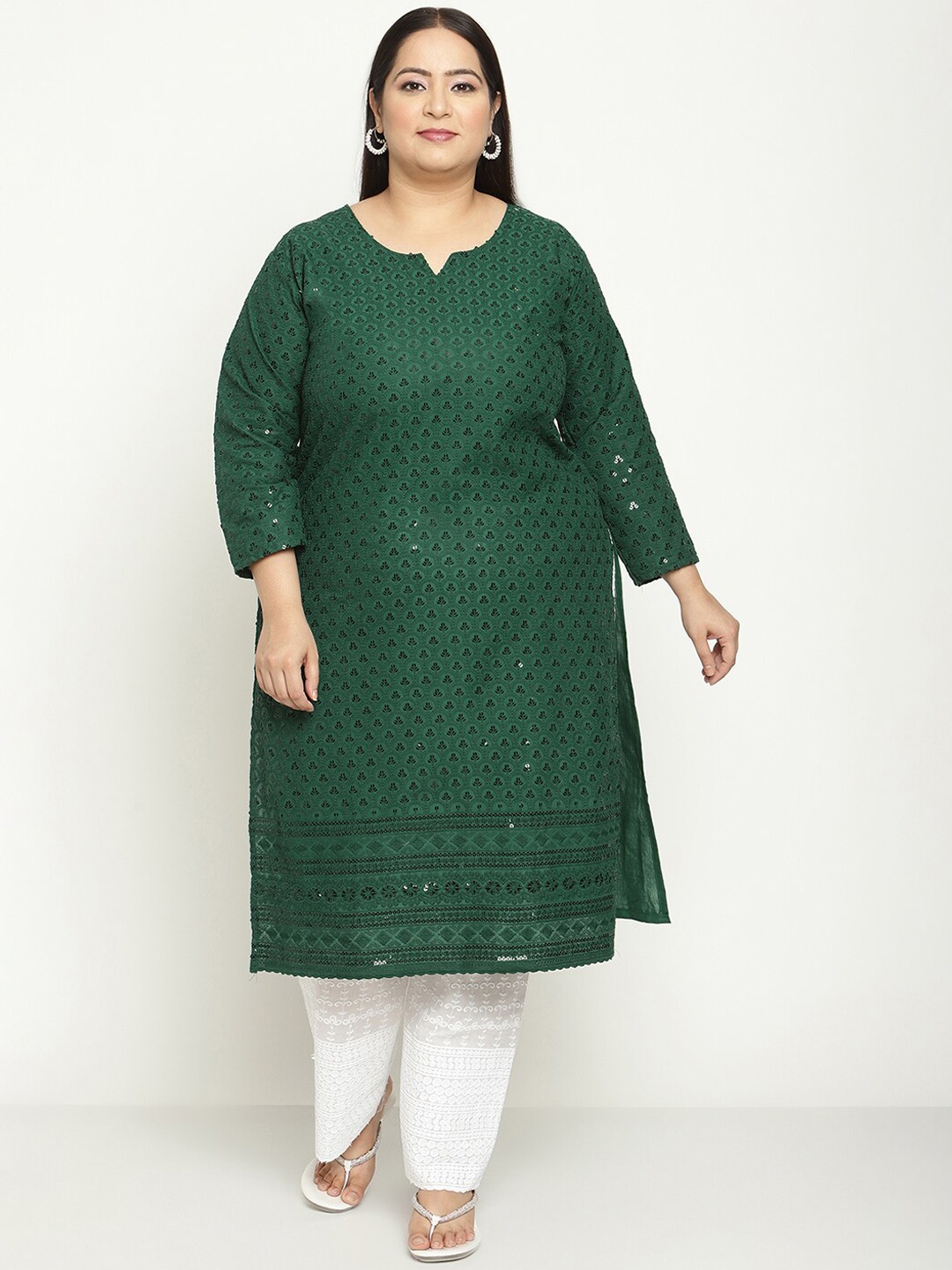 

KALINI Women Plus Size Floral Chikankari Embroidered Sequinned Cotton Kurta, Green