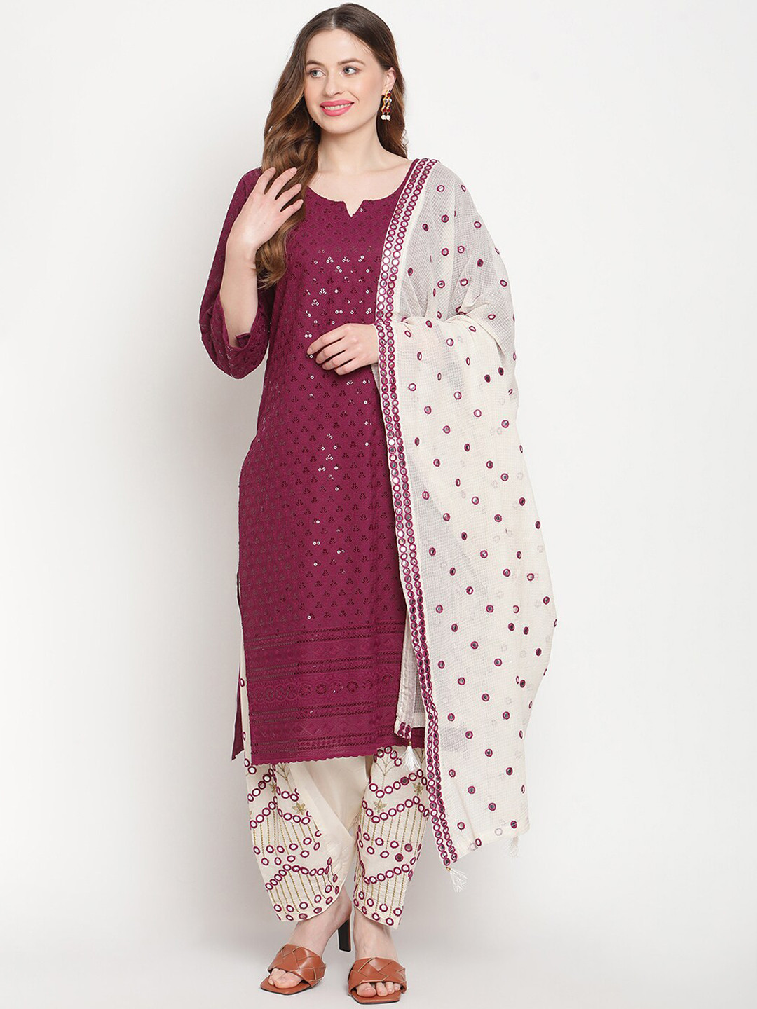 

KALINI Notch Neck Embroidered Mirror Work Pure Cotton Kurta & Salwar With Dupatta, Purple