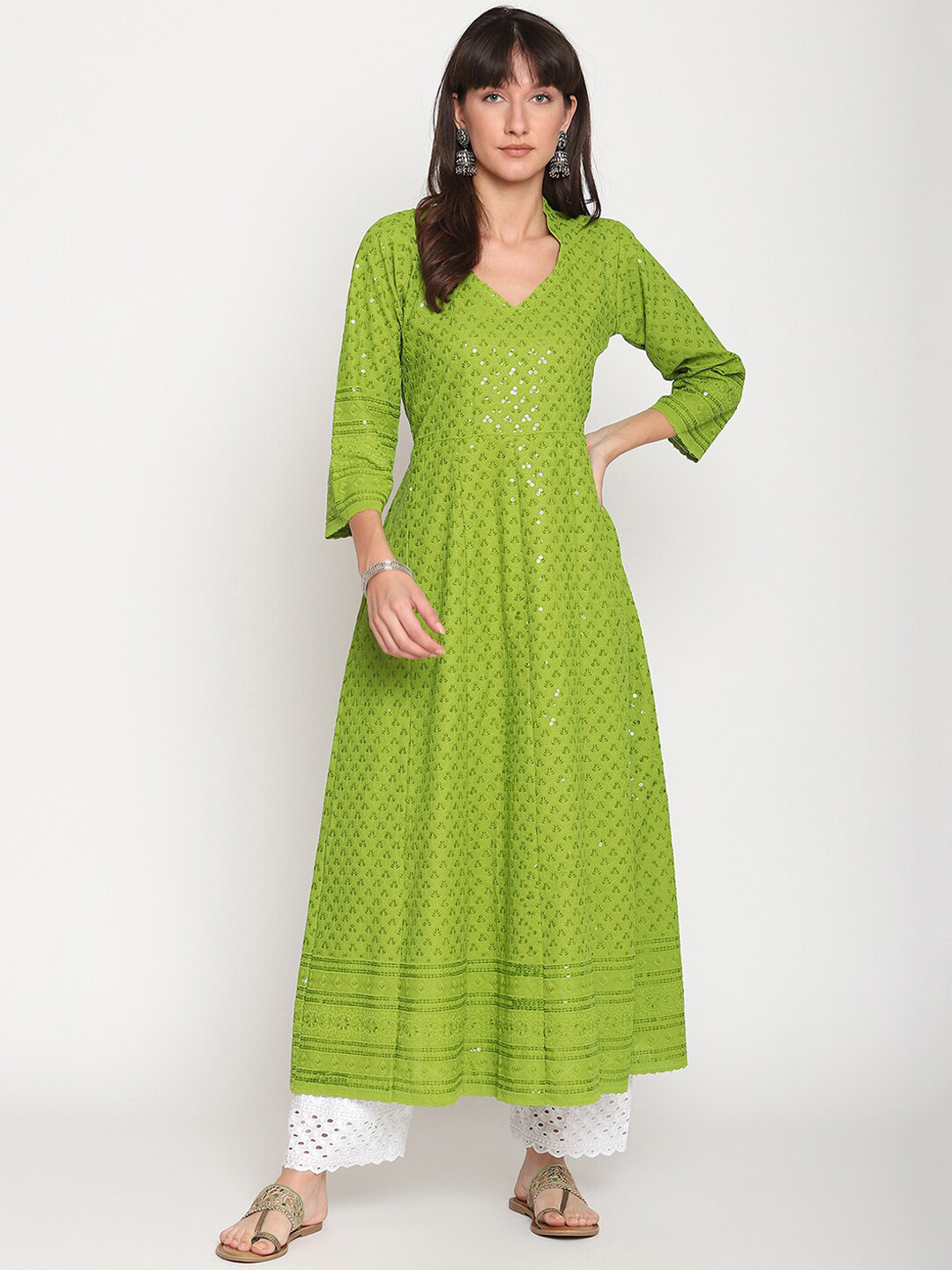 

KALINI Women Floral Chikankari Embroidered Sequinned Anarkali Cotton Kurta, Green