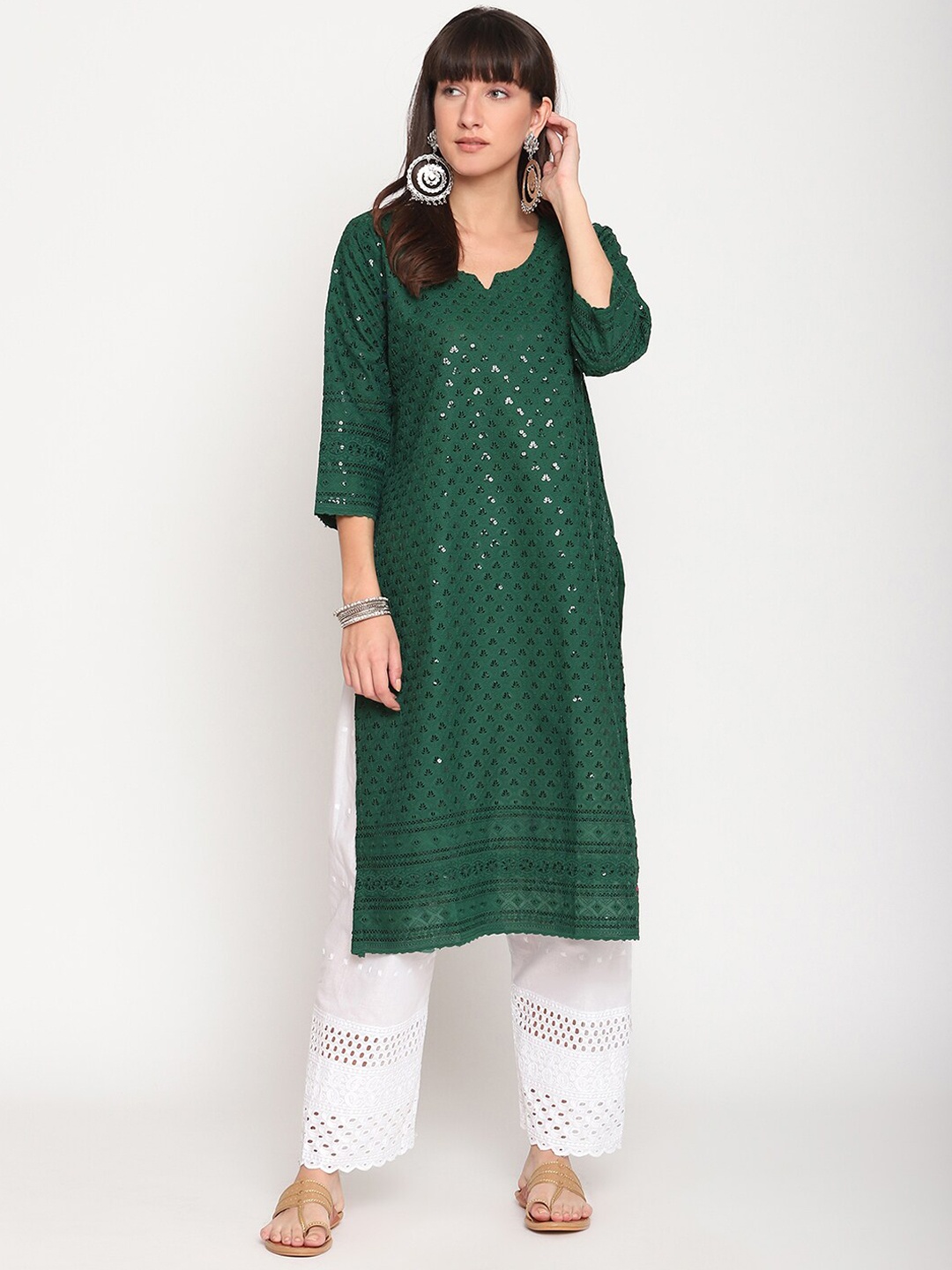 

KALINI Women Ethnic Motifs Embroidered Sequined Cotton Kurta, Green