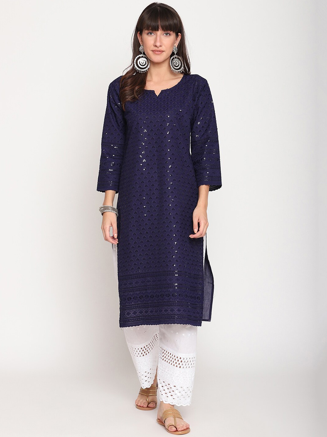 

KALINI Women Ethnic Motifs Embroidered Sequined Cotton Kurta, Navy blue