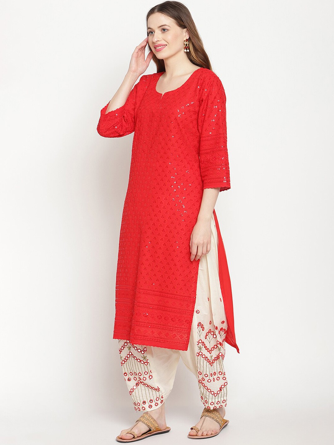

KALINI Women Embroidered Chikankari Pure Cotton Kurta with Salwar and Dupatta, Red