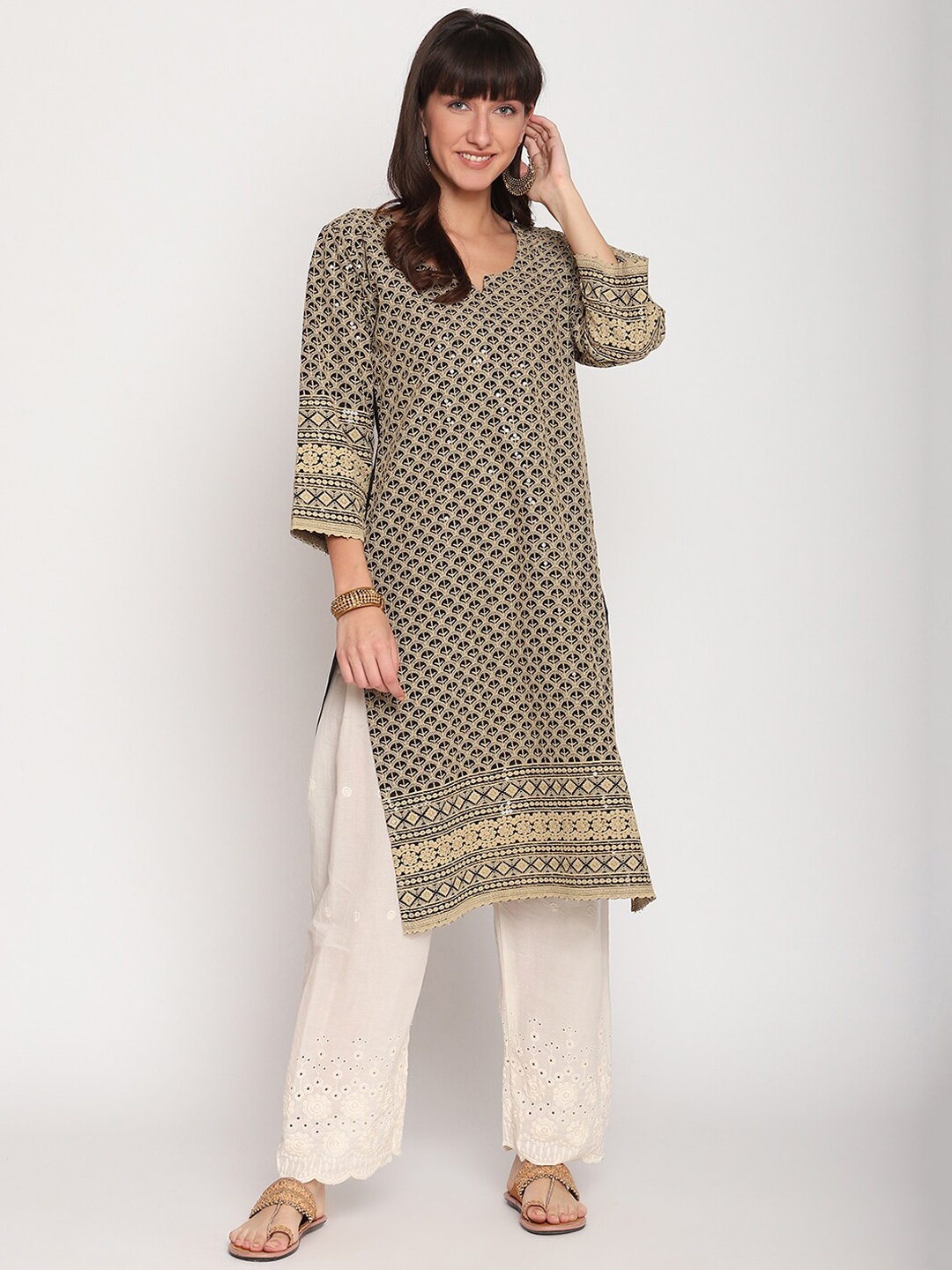 

KALINI Women Sequined Ethnic Motifs Printed Notch Neck Cotton Kurta, Beige