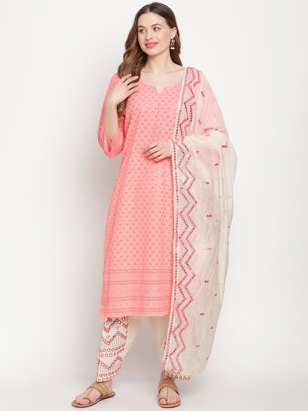 

KALINI Women Ethnic Motifs Embroidered Chikankari Pure Cotton Kurta with Salwar & Dupatta, Peach