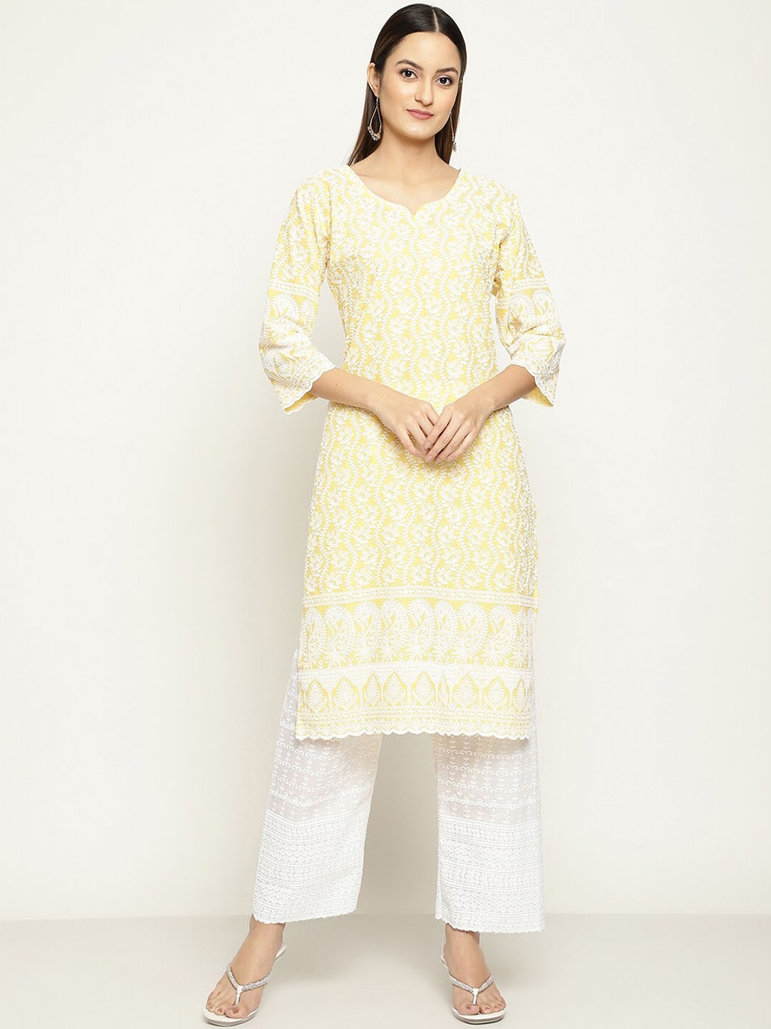 

KALINI Chikankari Pure Cotton Kurta, Yellow