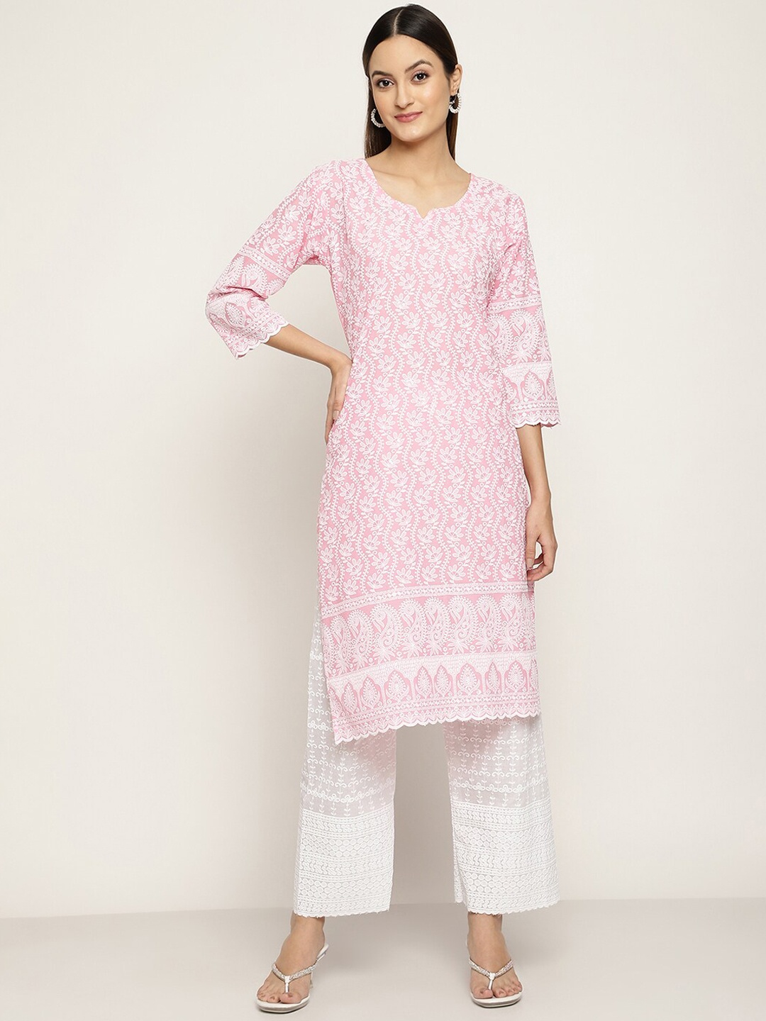 

KALINI Ethnic Motifs Embroidered Cotton Chikankari Kurta, Pink