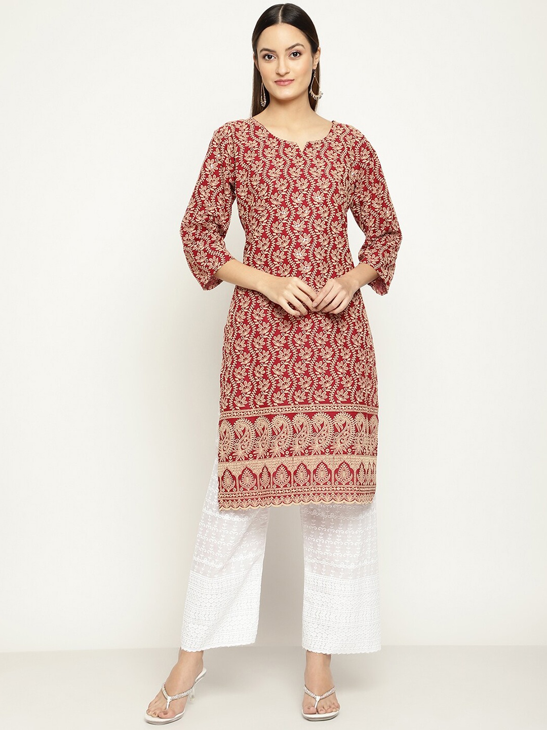 

KALINI Women Notch Neck Ethnic Motifs Chikankari Pure Cotton Kurta, Maroon