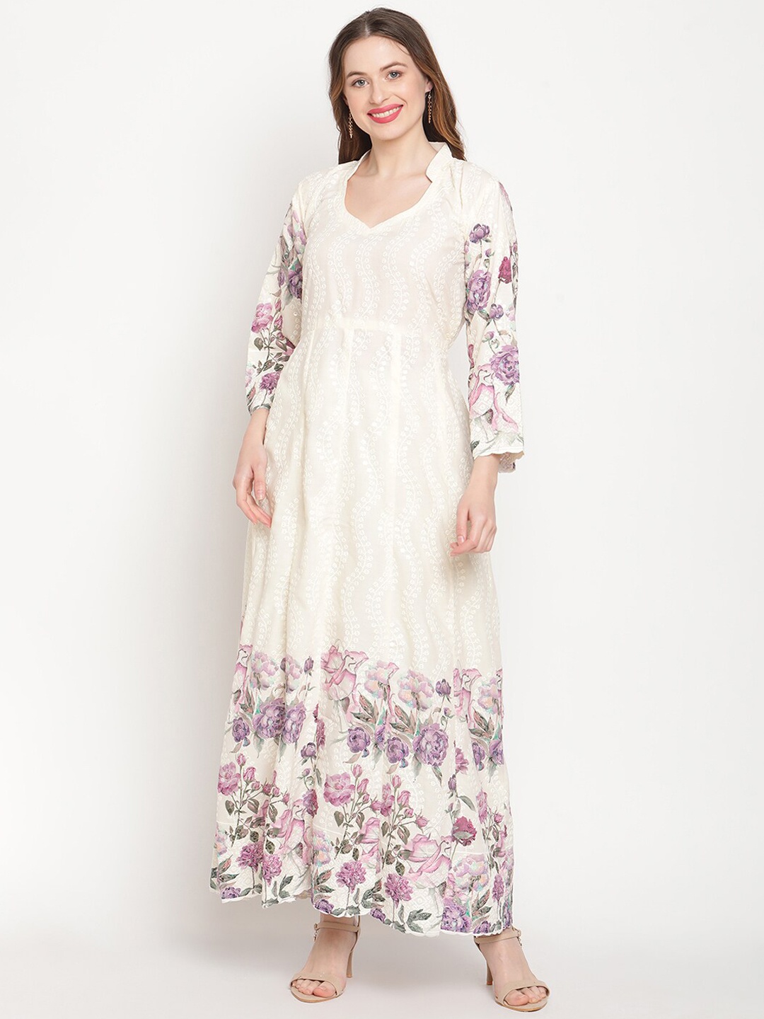 

KALINI Floral Printed Chikankari Cotton Anarkali Kurta, White