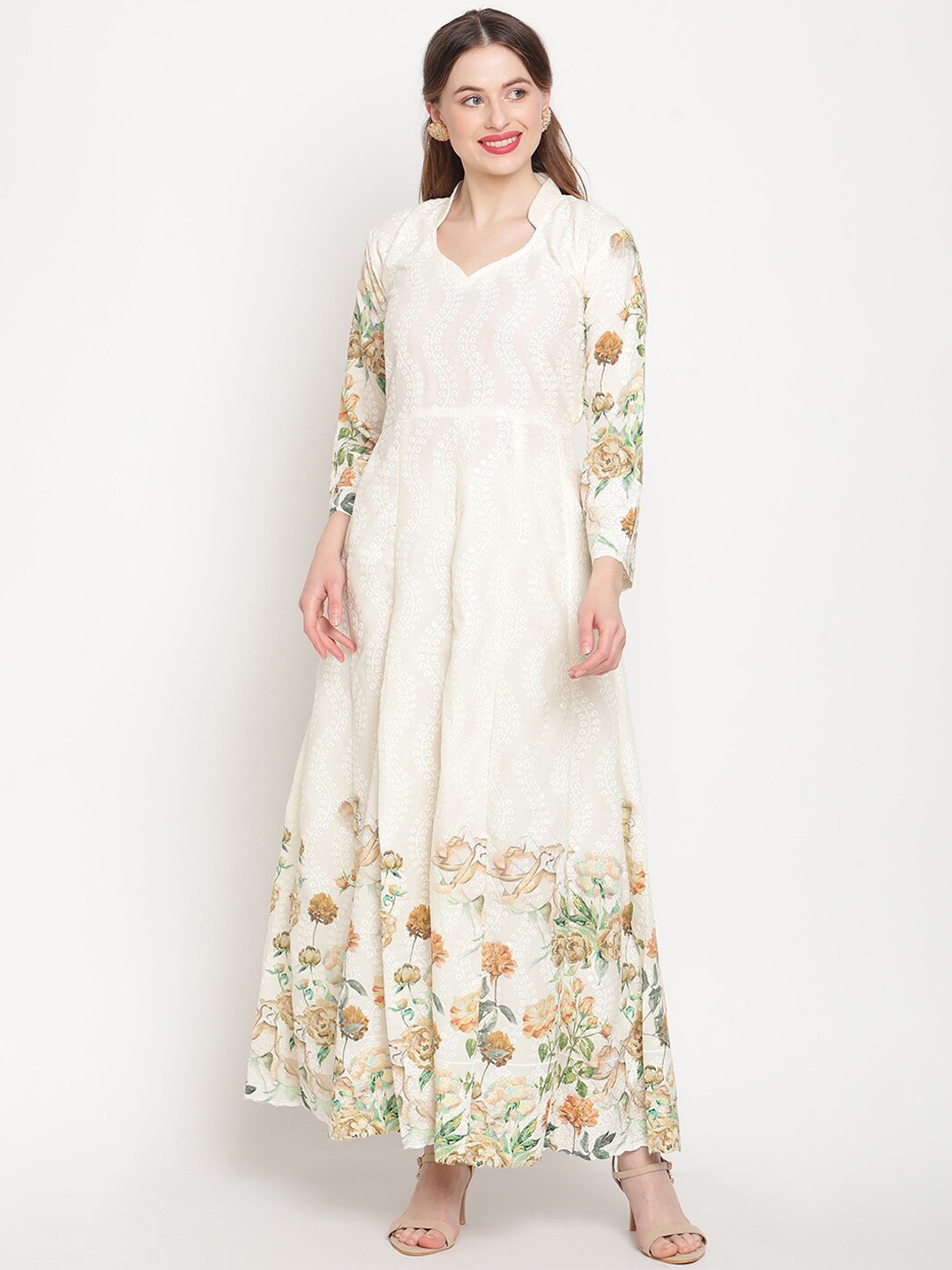 

KALINI Women Floral Printed Thread Work Cotton Anarkali Kurta, White