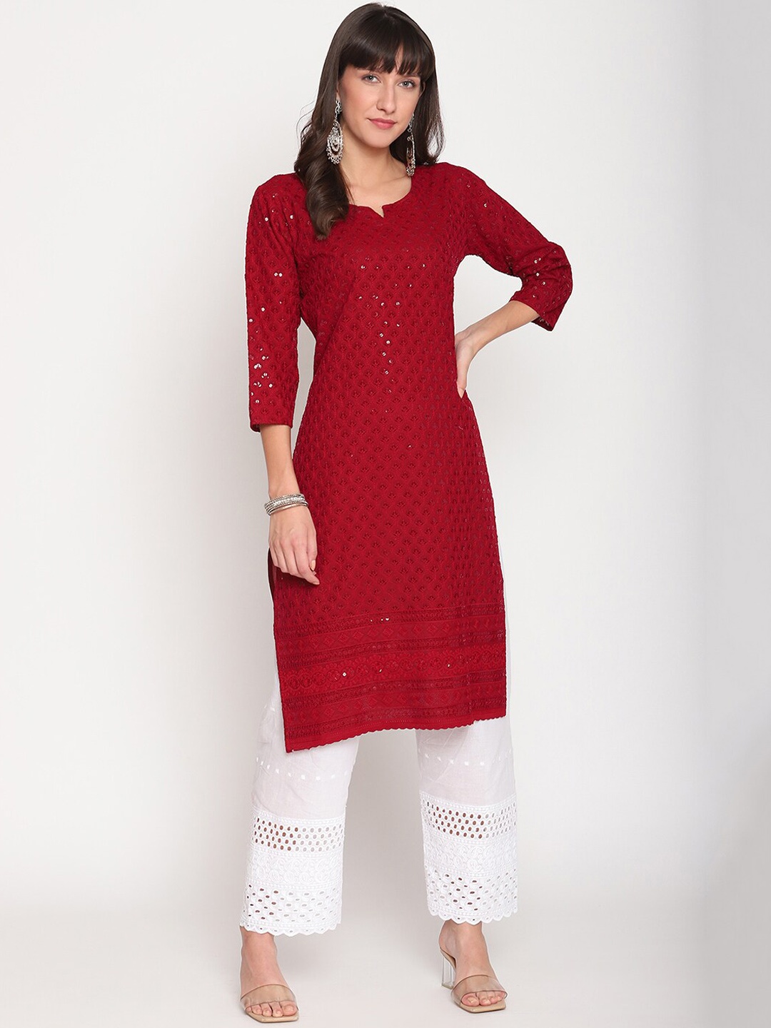 

KALINI Women Sequined Embellished Notch Neck Cotton Kurta, Red