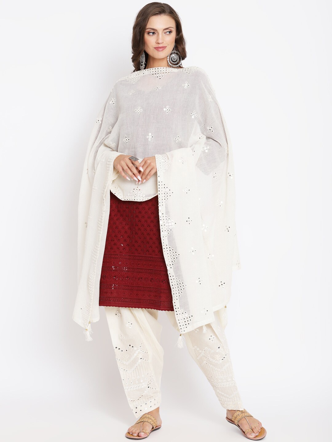 

KALINI Women Embroidered Sequinned Pure Cotton Kurta with Salwar & Dupatta, Maroon