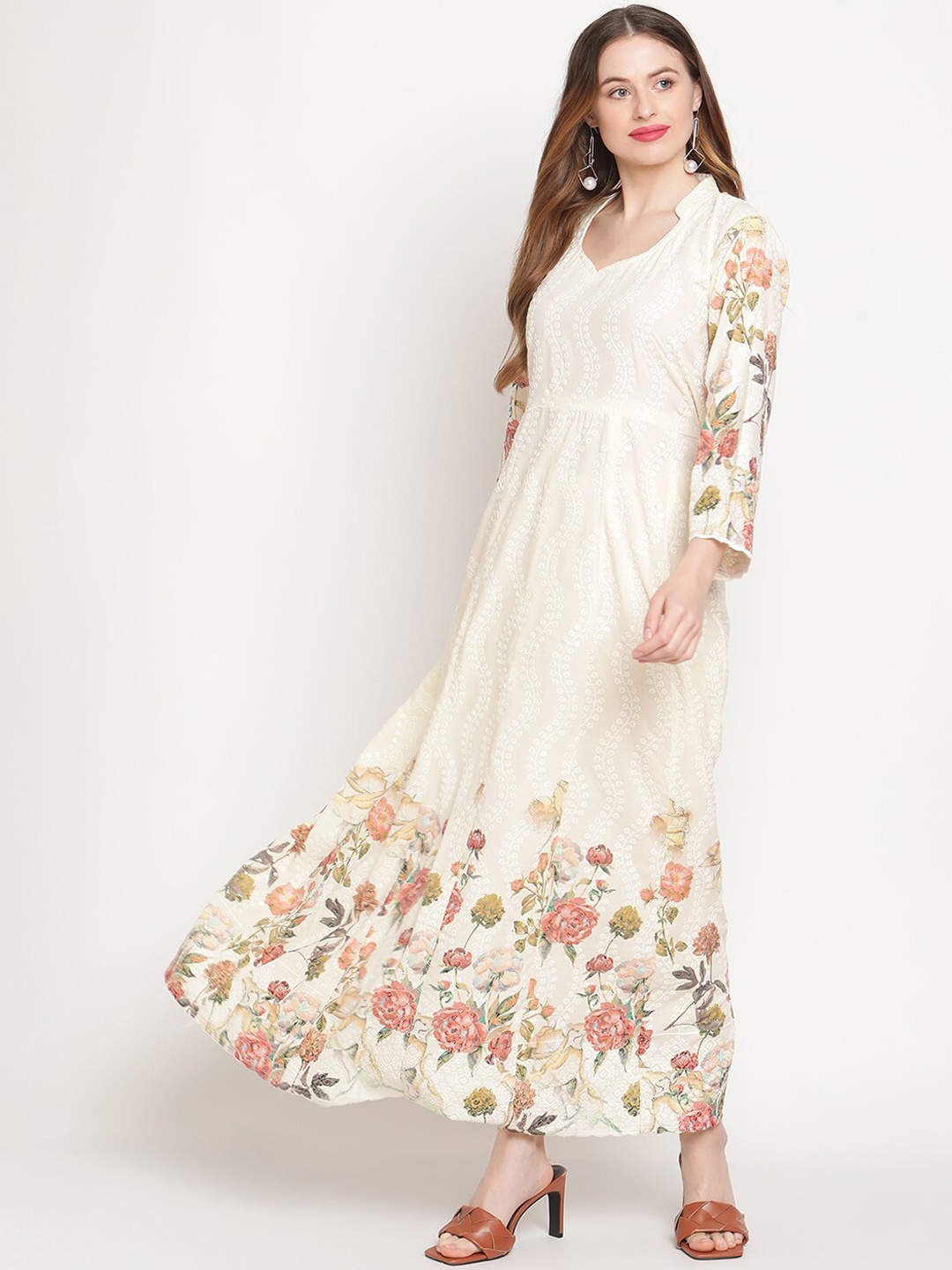 

KALINI Floral Printed Chikankari Cotton Anarkali Kurta, White