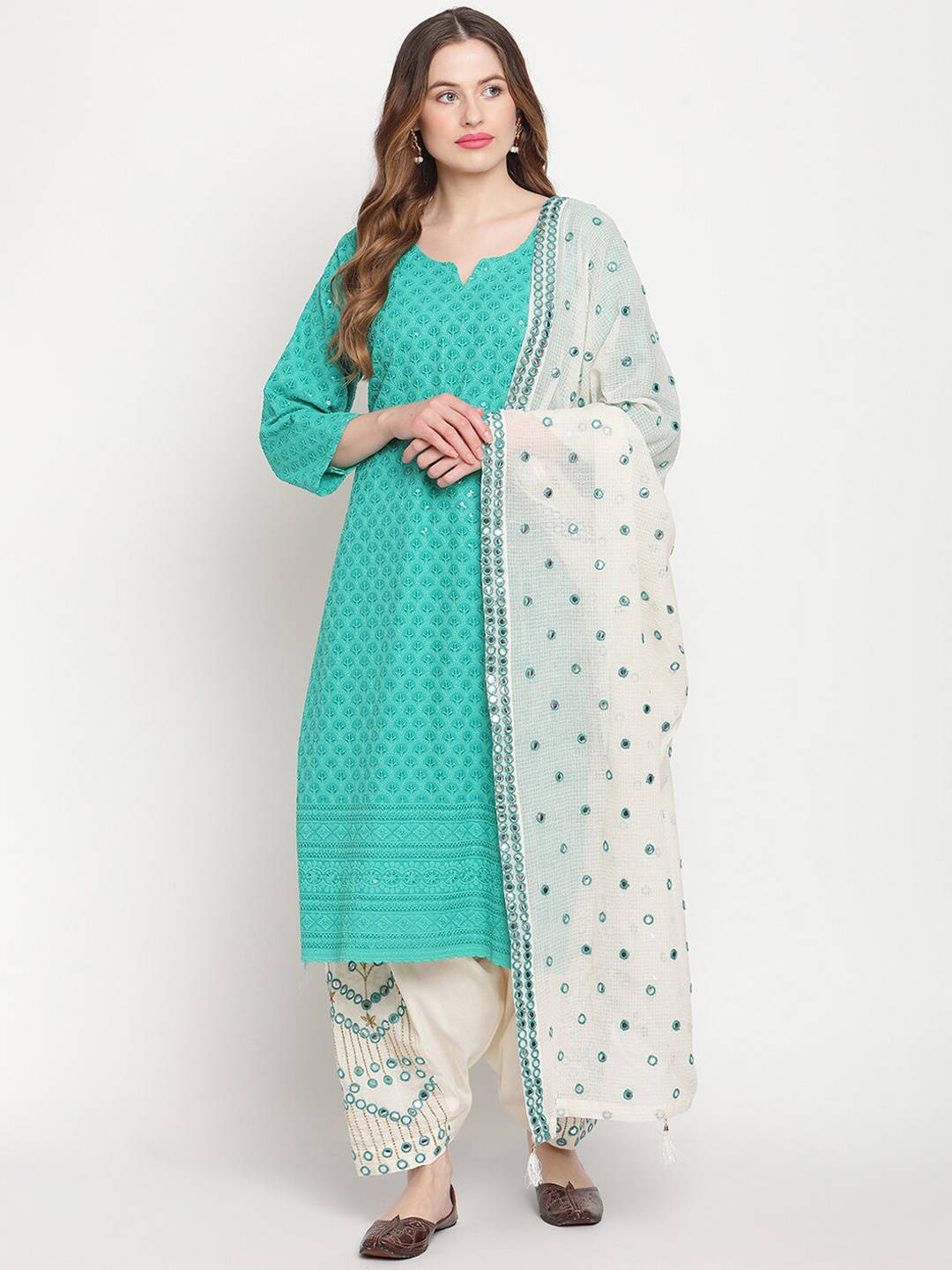 

KALINI Women Ethnic Motifs Embroidered Chikankari Pure Cotton Kurta with Salwar & Dupatta, Blue