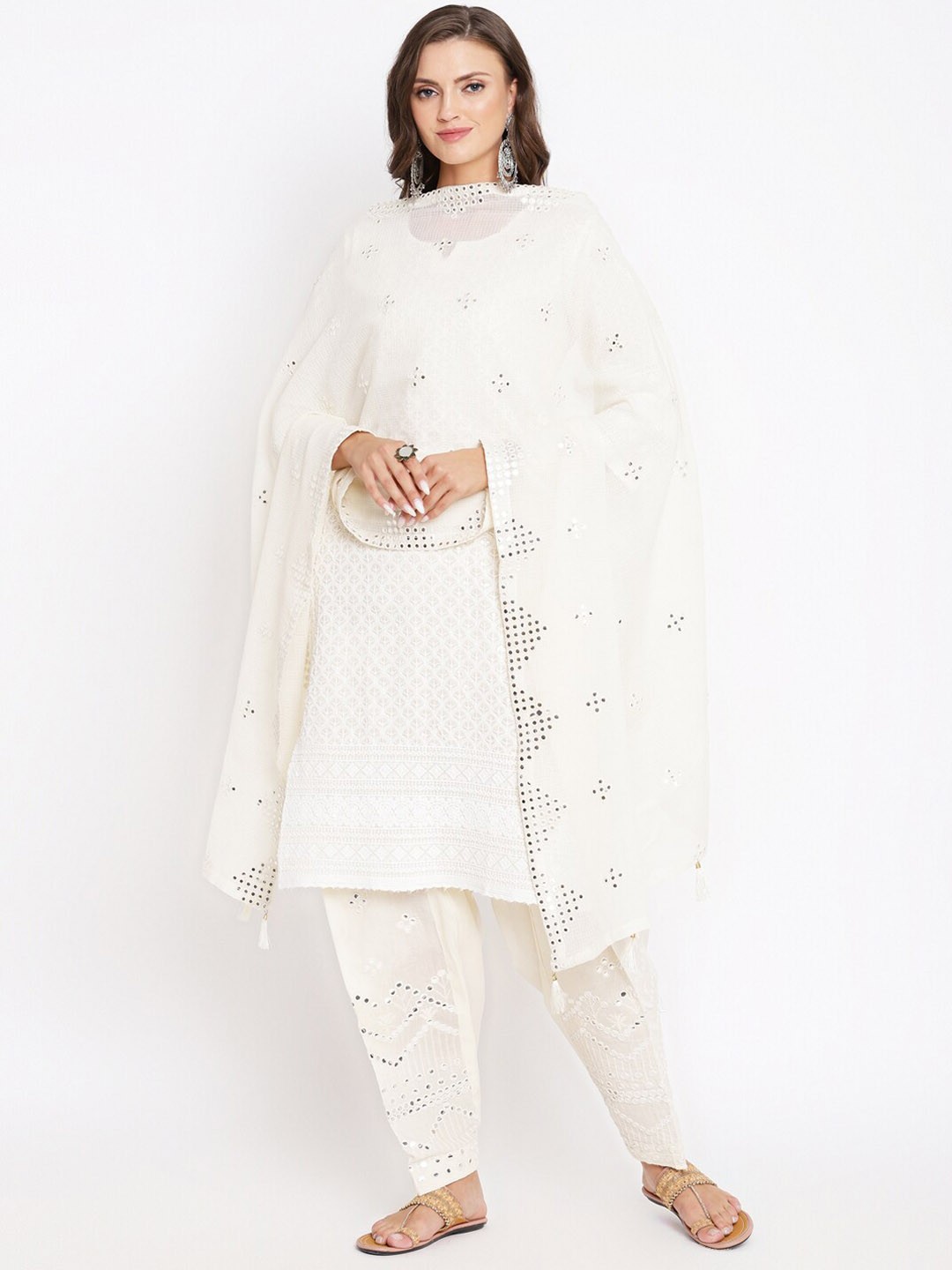 

KALINI Women Embroidered Chikankari Pure Cotton Kurta with Salwar & With Dupatta, White