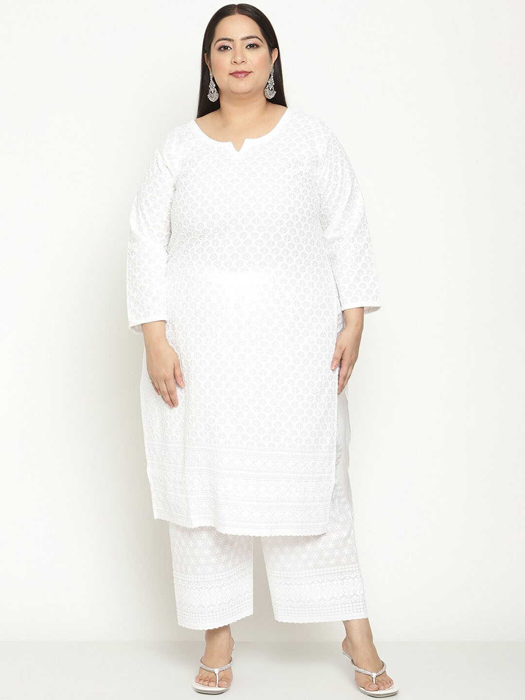 

KALINI Plus Size Geometric Embroidered Cotton Chikankari Kurta, White