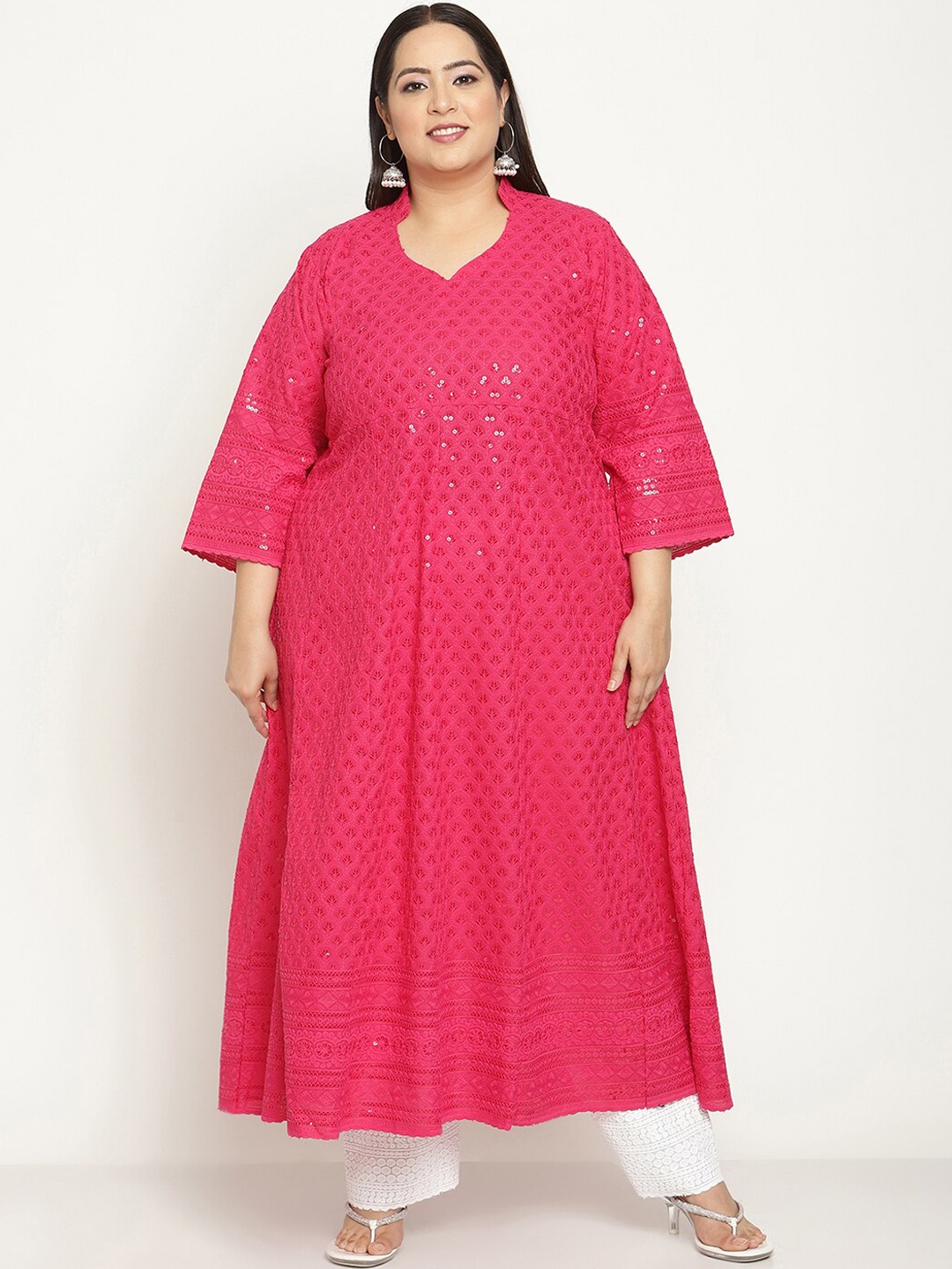 

KALINI Women Pink Embroidered Flared Sleeves Thread Work Anarkali Kurta