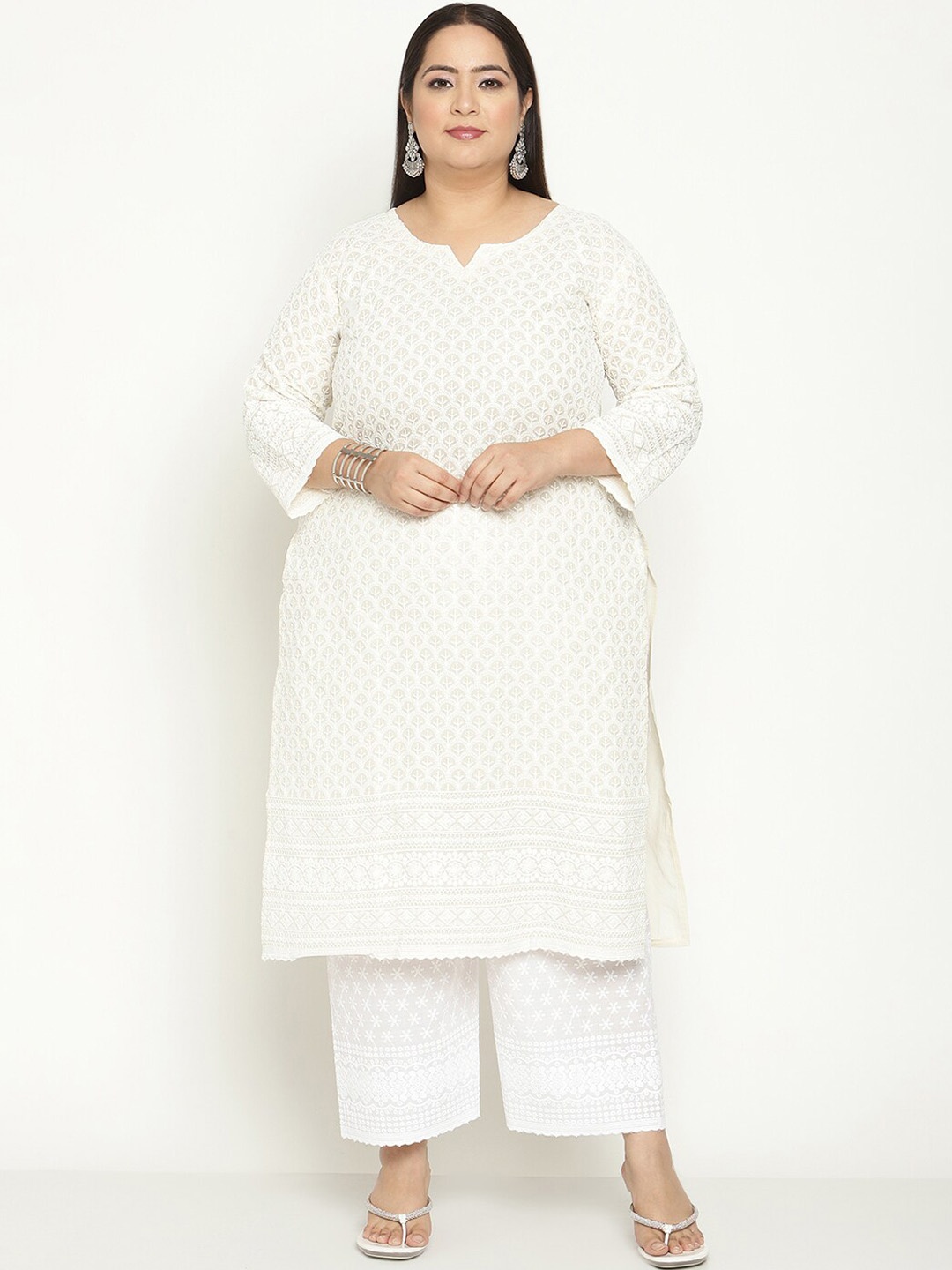 KALINI Women Ethnic Motifs Embroidered Chikankari Kurta, Cream