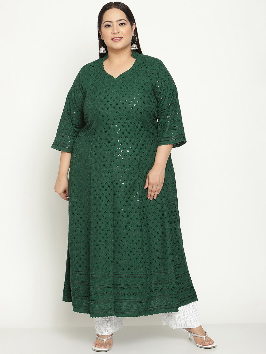 

KALINI Plus Size Geometric Embroidered Anarkali Kurta, Green