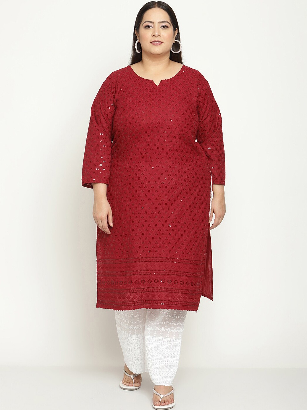KALINI Plus Size Ethnic Motifs Embroidered Cotton Kurta, Maroon