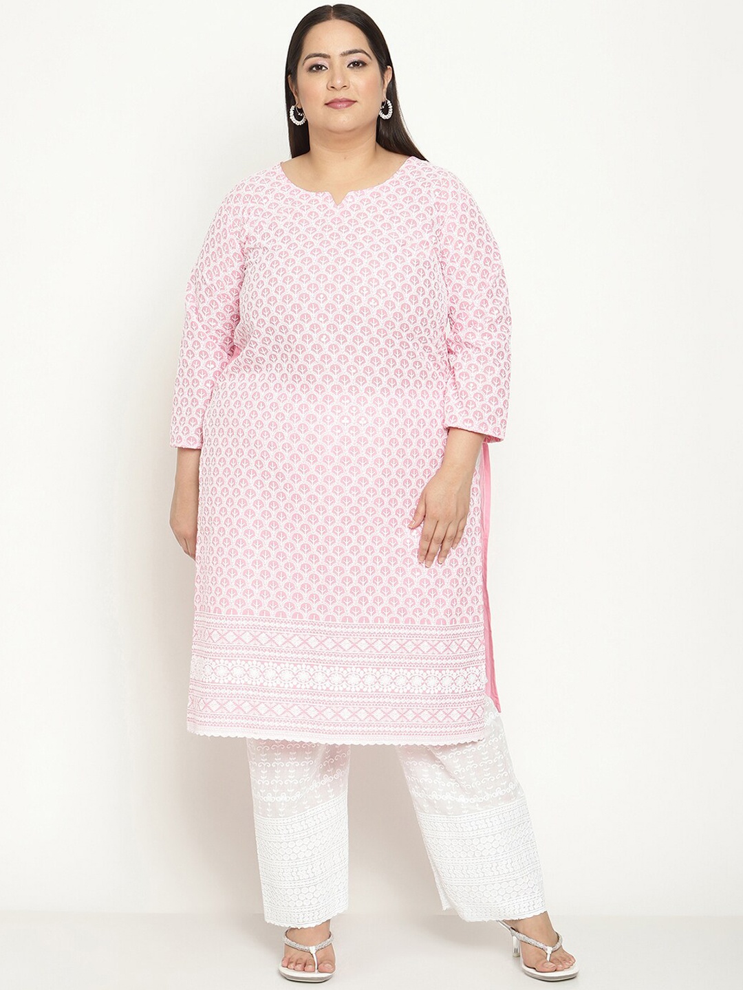 

KALINI Women Plus Size Ethnic Motifs Embroidered Chikankari Cotton Kurta, Pink