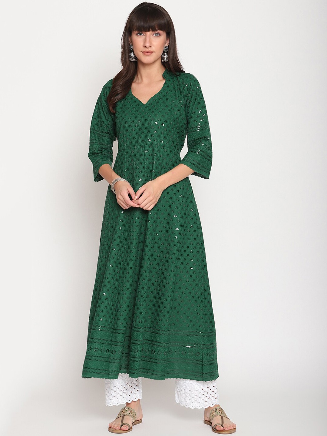 

KALINI Ethnic Motifs Embroidered Chikankari Cotton Anarkali Kurta, Green