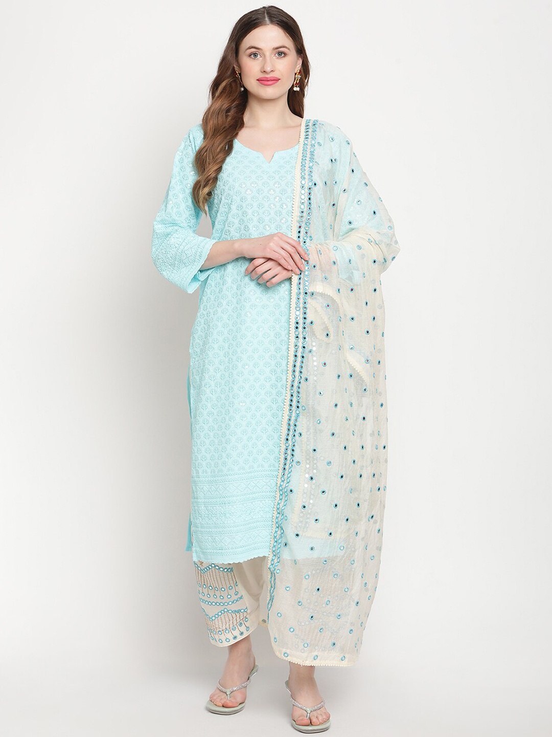

KALINI Women Embroidered Chikankari Pure Cotton Kurta with Salwar & With Dupatta, Blue