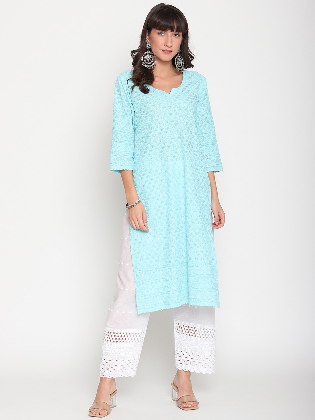 

KALINI Women Ethnic Motifs Embroidered Sequined Cotton Kurta, Turquoise blue