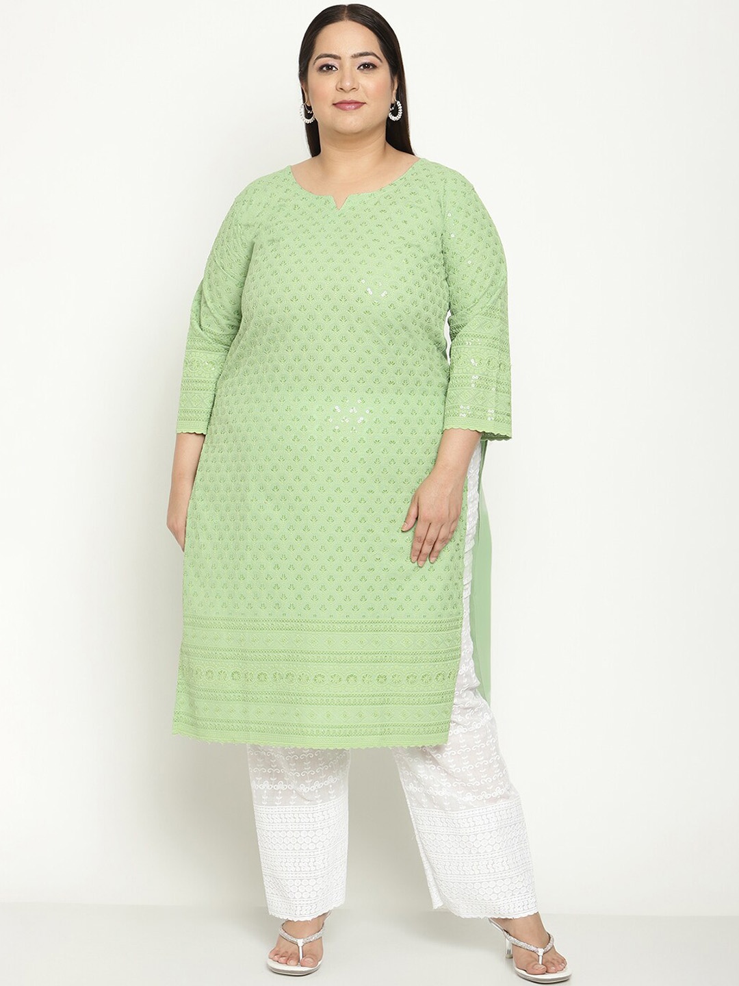 

KALINI Women Plus Size Embroidered Notch Neck Chikankari Cotton Kurta, Green