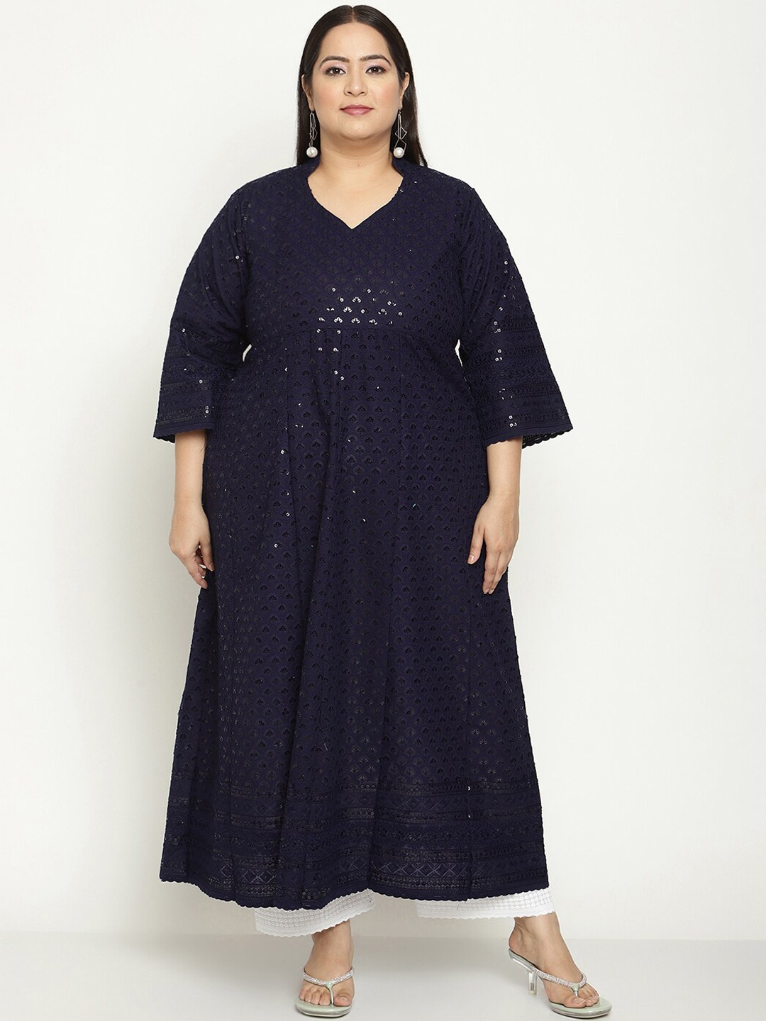 

KALINI Plus Size Ethnic Motifs Chikankari Anarkali Cotton Kurta, Navy blue